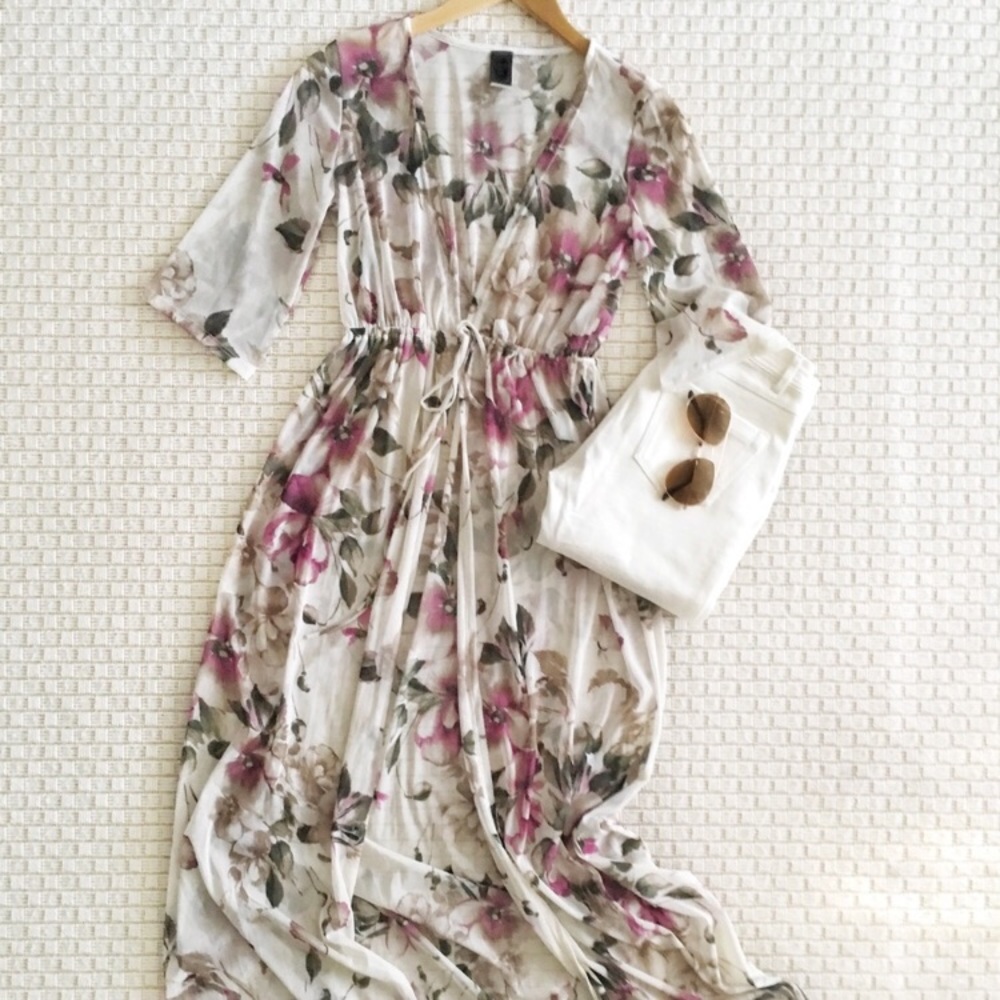 Ivory Floral Long Kimono